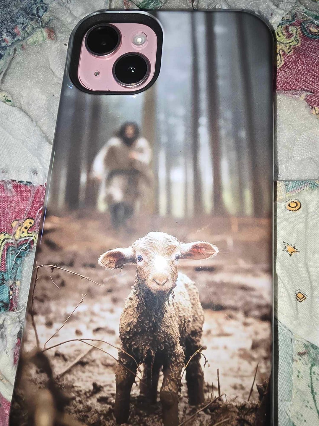 Customer photo review of Jesus With The Sheep, Jesus Running After Lamb, Phone Case