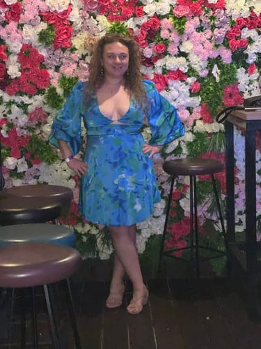 Customer photo review of Kora Satin Mini Dress - Green/Blue Print *[EXCLUSIVE]