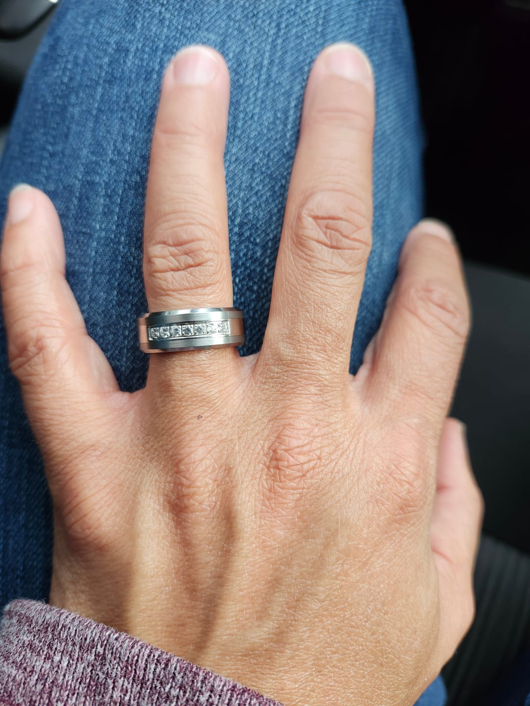 Customer photo review of 8mm - Silver Tungsten Wedding Band W/ 7 CZ Diamond Inlay High Polish