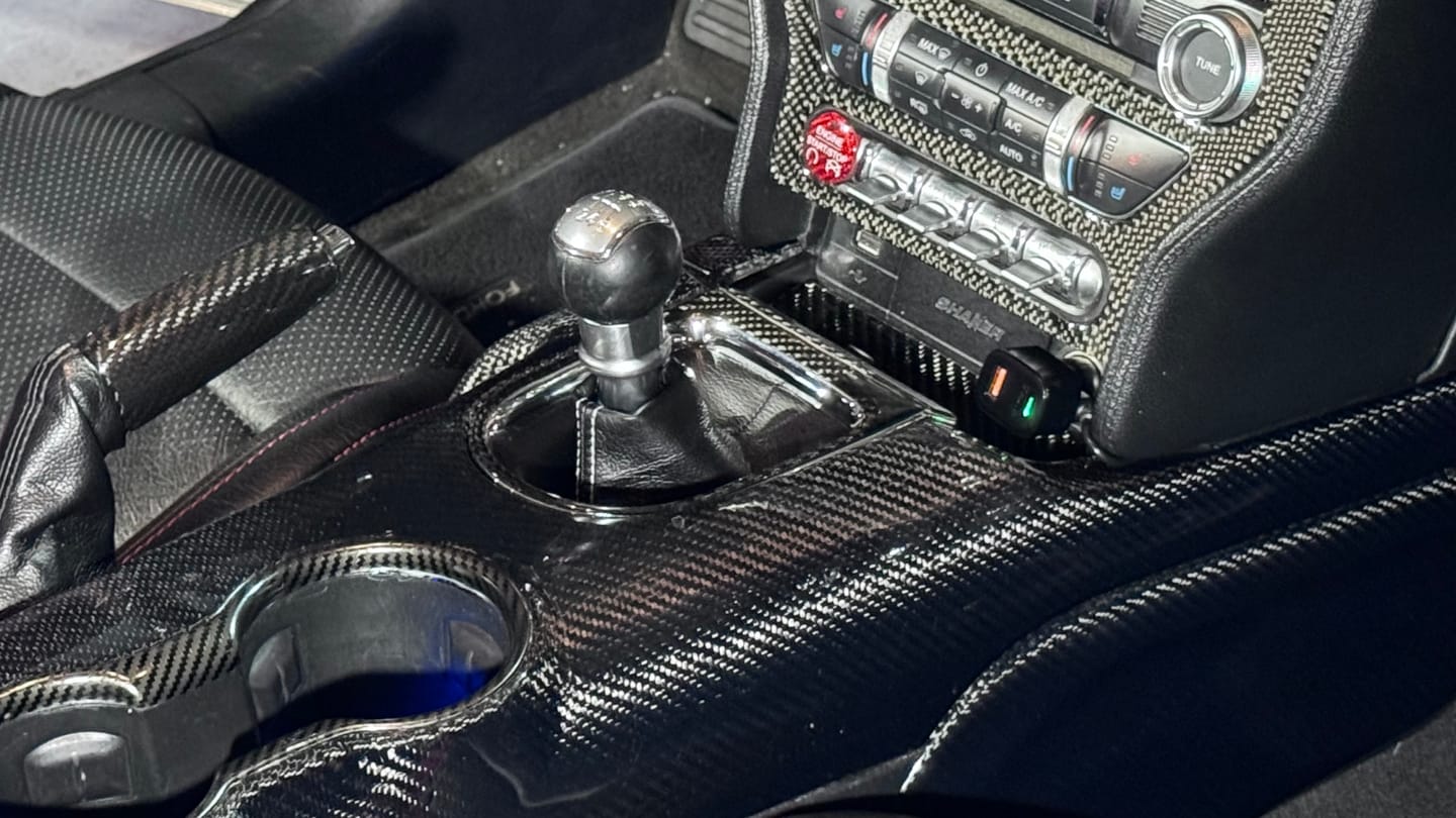 Customer photo review of Mustang 2015-2023 Carbon Fiber Gear Shift Bezel Chrome Trim Cover