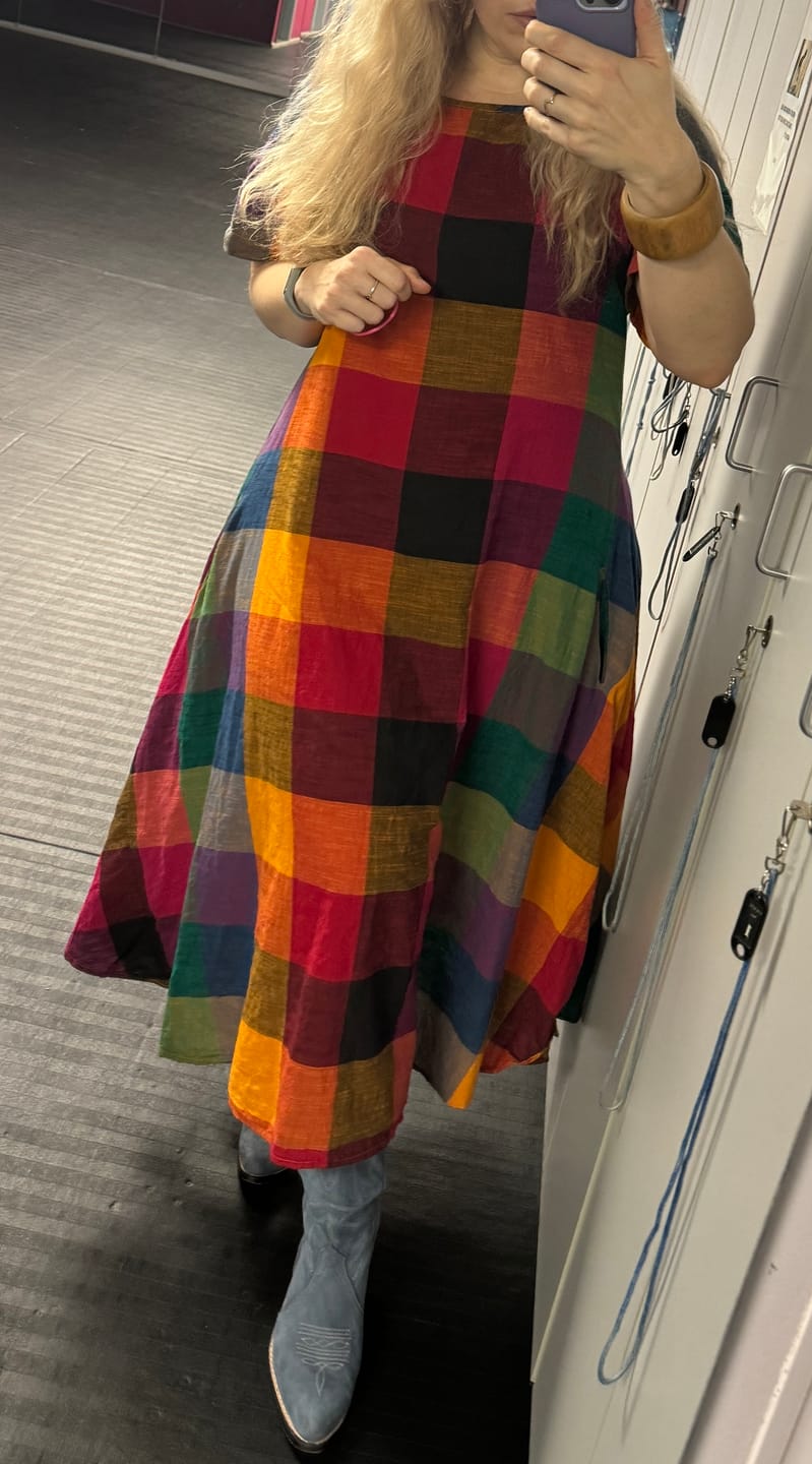 Customer photo review of OCTOBER FLARE DRESS | MULTI CHEX