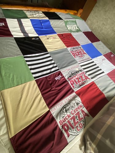 T-shirt quilt with pizza, food themes by Karen from IN
