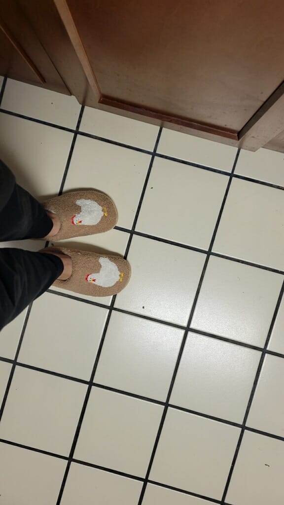 Customer photo review of Brown Fuzzy Chicken Slippers - Adult