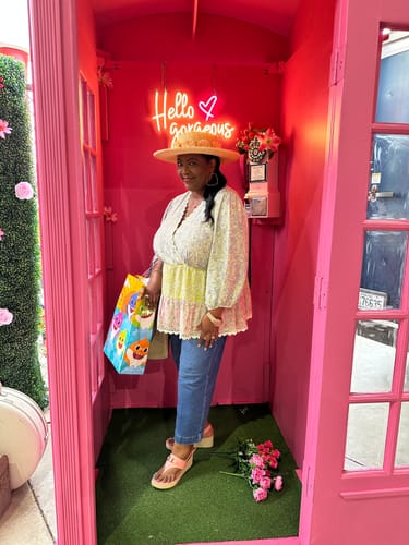 Customer photo review of NATURAL CONFETTI EMBELLISHED STRAW HAT