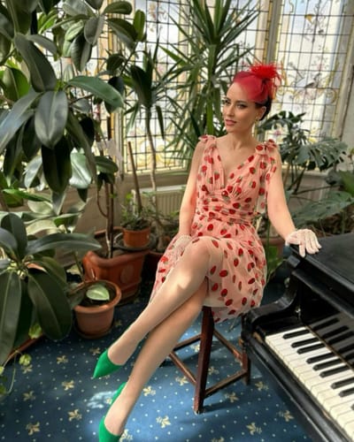 Customer photo review of Pink 1950s Strawberry Mesh Swing Dress