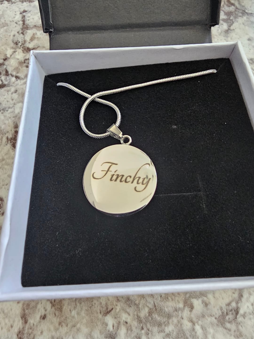 Customer photo review of Personalized Purple Finch Necklace