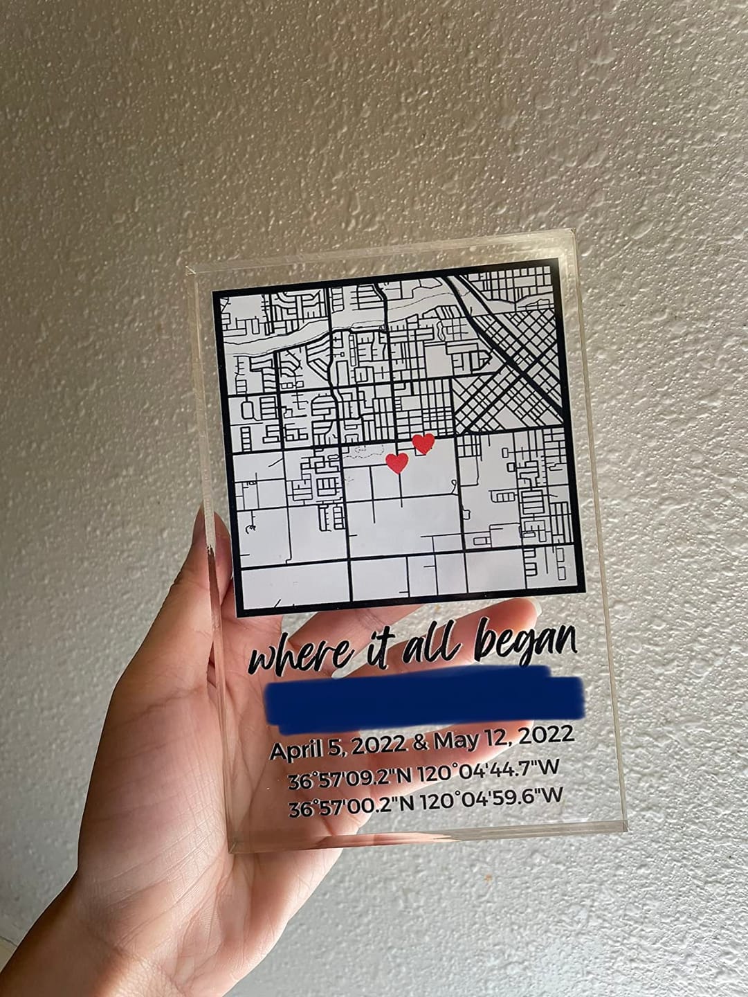 Customer photo review of Our First Date Map Plaque - Couple Map, Gift for Her, Acrylic Plaque Couple Gift, Custom Location, Couples Gift, Gifts for Wife and Husband