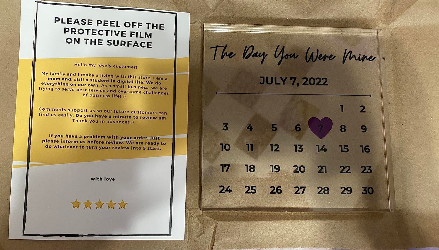 Customer photo review of Personalized Calendar Gift - Romantic Gift, Valentines Day, Wedding Gifts, Gift for Him, Anniversary Gift, Valentines Day Gift, Couples Gift, Gifts for Wife and Husband
