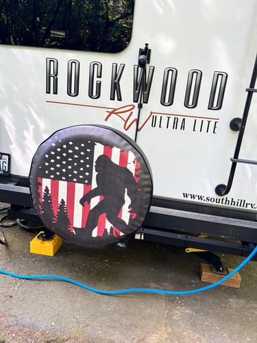 Customer photo review of Bigfoot or Sasquatch American Flag Spare Tire Cover for Bronco, Jeep, Camper, RV, & More