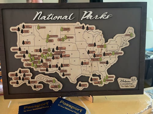 Customer photo review of US Wooden National Parks Travel Map With Trees To Record Park Visits (Light Grey)