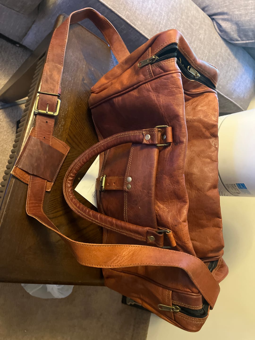 Customer photo review of Square Overnight Leather Duffel Bag