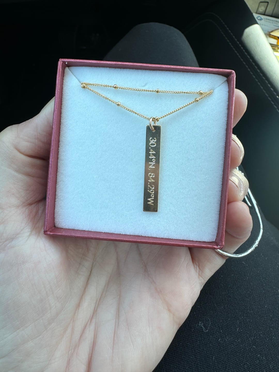 Customer photo review of Engraved Vertical Bar Pendant Necklace