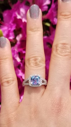 Customer photo review of Halo Purple Aqua Cushion CZ Split Shank Ring in Sterling Silver