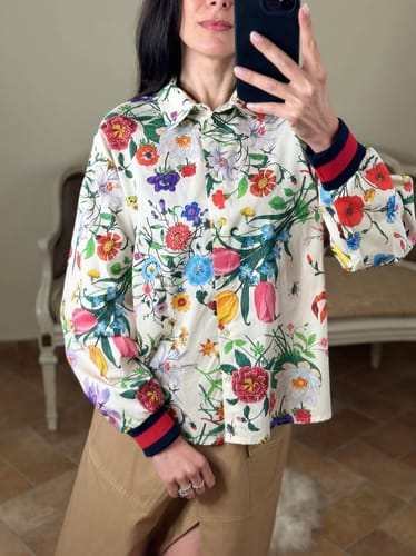Customer photo review of Fabulous Fiesta Satin Floral Unique Print Button Down Oversized Blouse