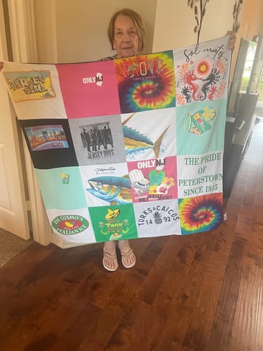 T-shirt quilt with beach culture, local pride themes by Joan from TX
