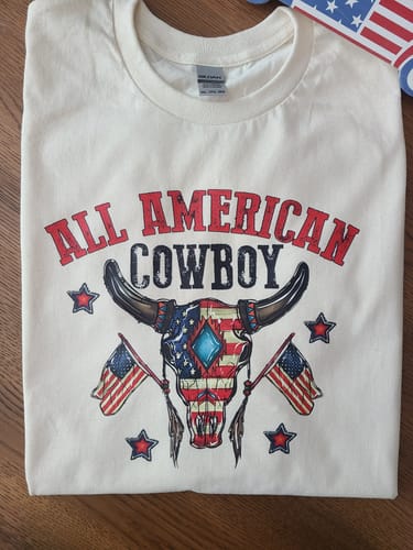 Customer photo review of All American Cowboy 4th Of July DTF Heat Transfer, Independence Day Design, Fourth Of July DTF