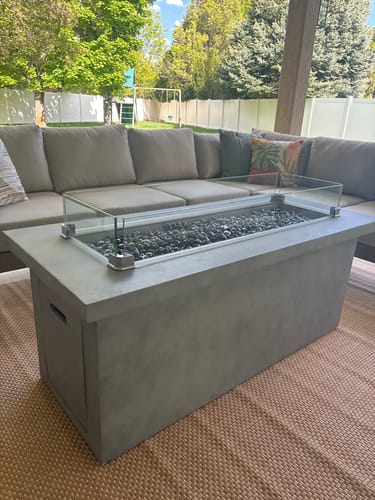 Customer photo review of 60" Rectangular Chat Height Outdoor Propane Gas Fire Pit Table in Gray
