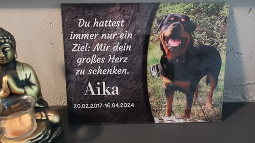 Customer photo review of Hunde Gedenktafel mit Foto & Spruch (UV- & Wetterfest)