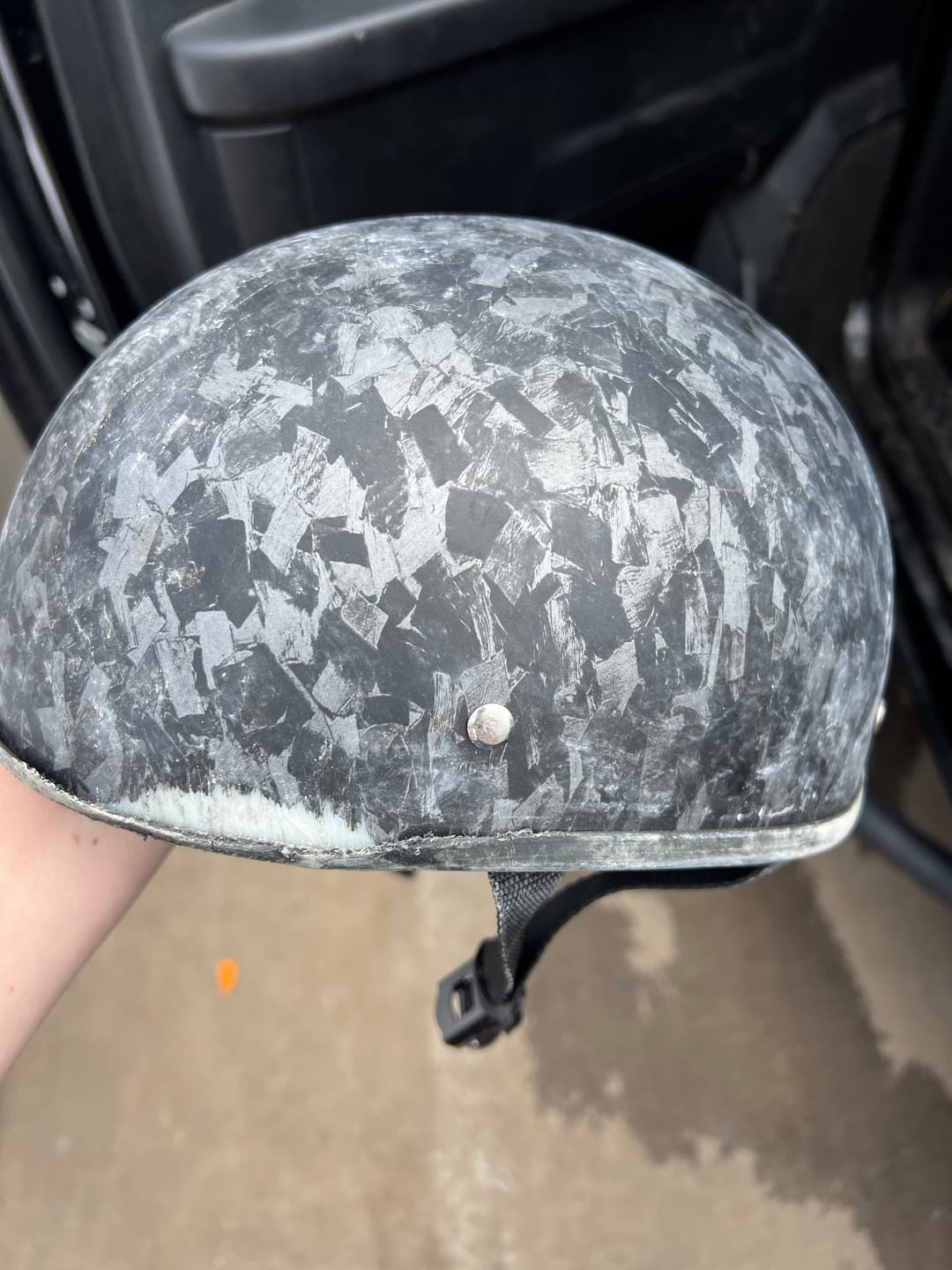 Customer photo review of Smallest Lightest SOA DOT Beanie Helmet - Carbon Fiber