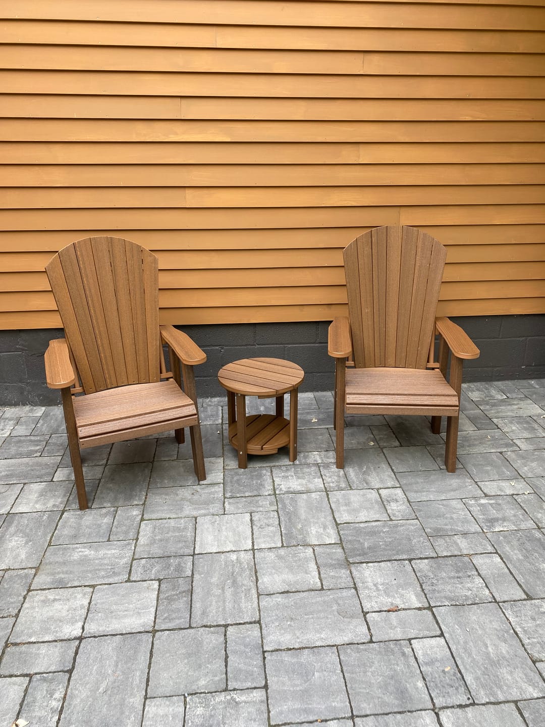 Customer photo review of DuraWeather Poly® Upright Adirondack Chair & Two Tier 18" Round End Table Set