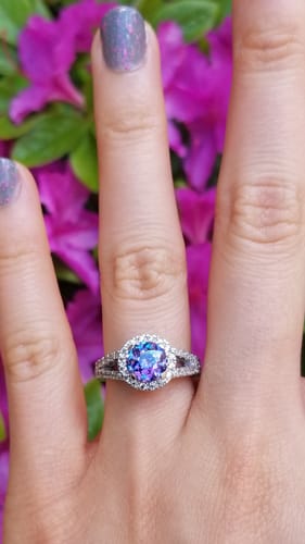 Customer photo review of Halo Purple Aqua CZ Split Shank Ring in Sterling Silver