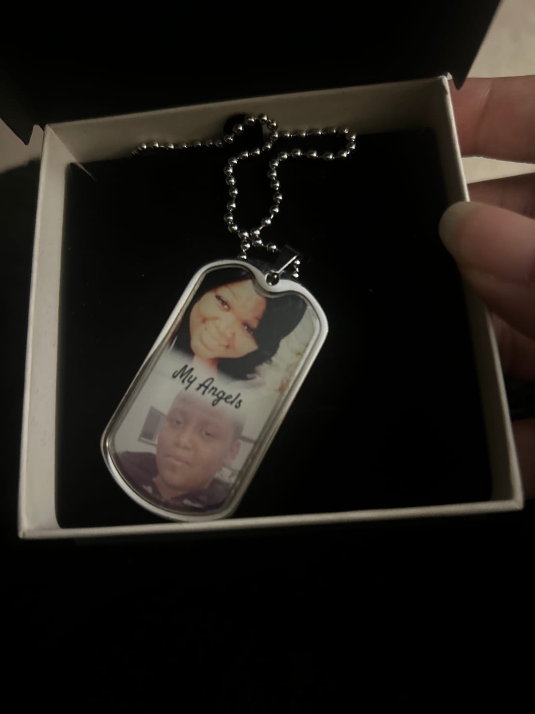 Customer photo review of Custom Name and 2 Photos  Memorial Dogtag Necklace Gift