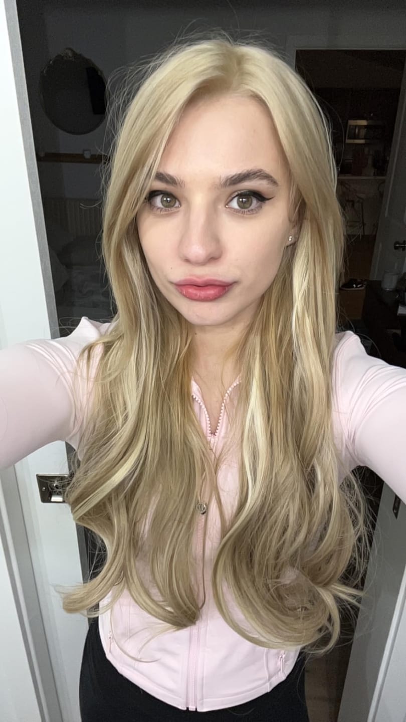Customer photo review of Mono Topper Human Hair Piece Toupee with Pink Gold Highlights & Clips #18/613