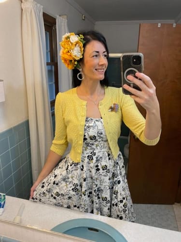 Customer photo review of White Bee Fold-Over Dress by Eva Rose
