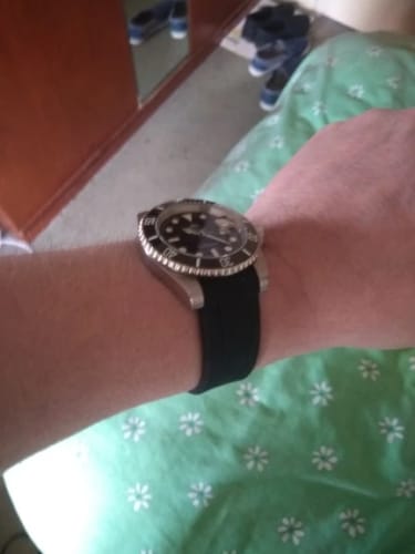 Customer photo review of Curved Rubber Strap - Beige & White Stripe