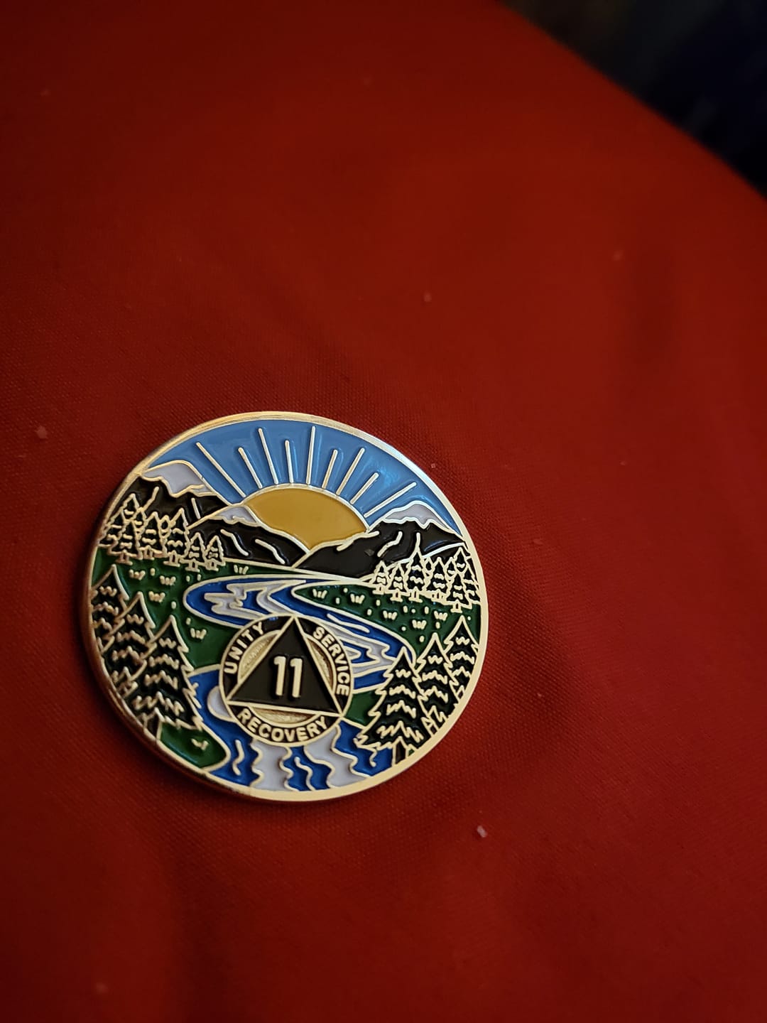 Customer photo review of 11 Year Sobriety Mint Winding River Gold Plated AA Recovery Medallion - Eleven Year Chip/Coin