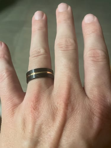 Customer photo review of The Victor - Black Brushed Rose Gold Inlay Tungsten Ring