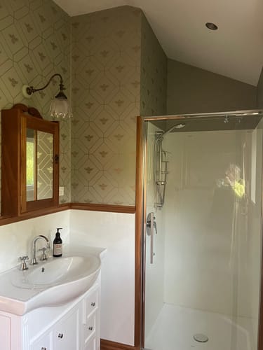 Customer photo review of Honeycomb Bee - Geometric Metallic Wallpaper - Sage Green