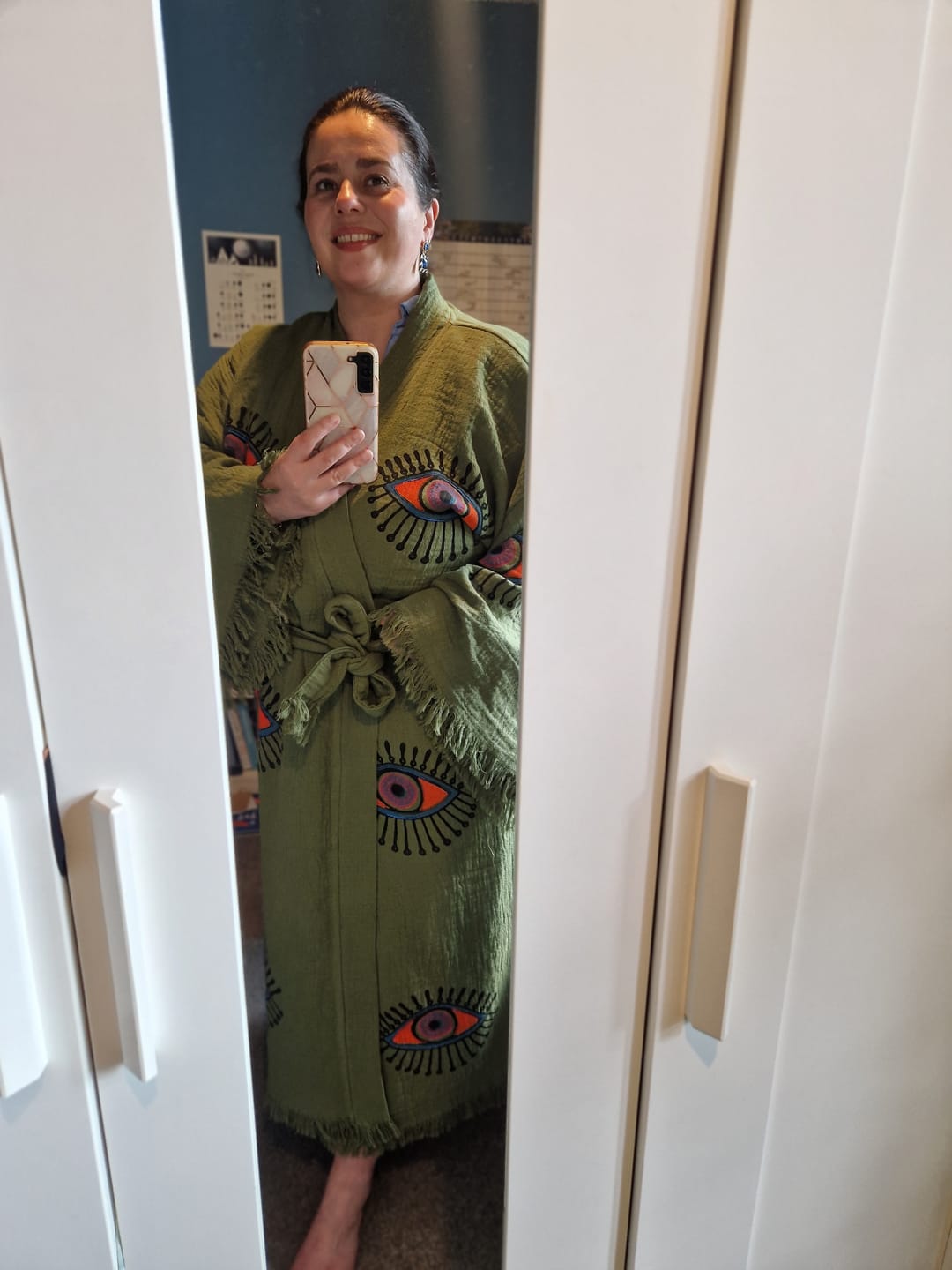 Customer photo review of Khaki w/ Orange & Pink Evil Eye Kimono Robe