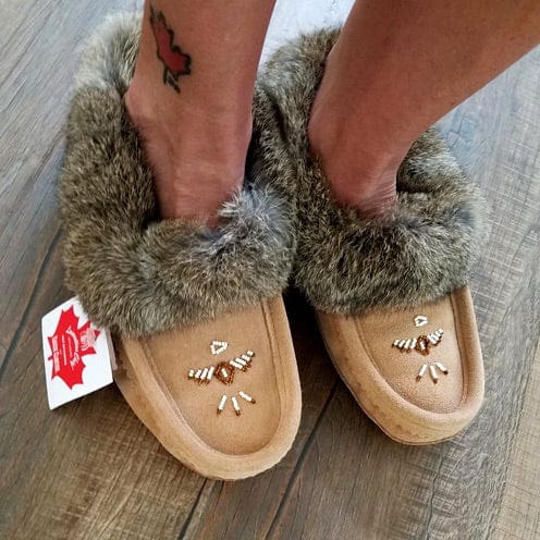 Customer photo review of Women's Rabbit Fur Thunderbird Beaded Moccasins