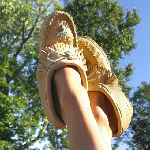 Customer photo review of Women's Moose Hide Beaded & Fringed Moccasin Shoes