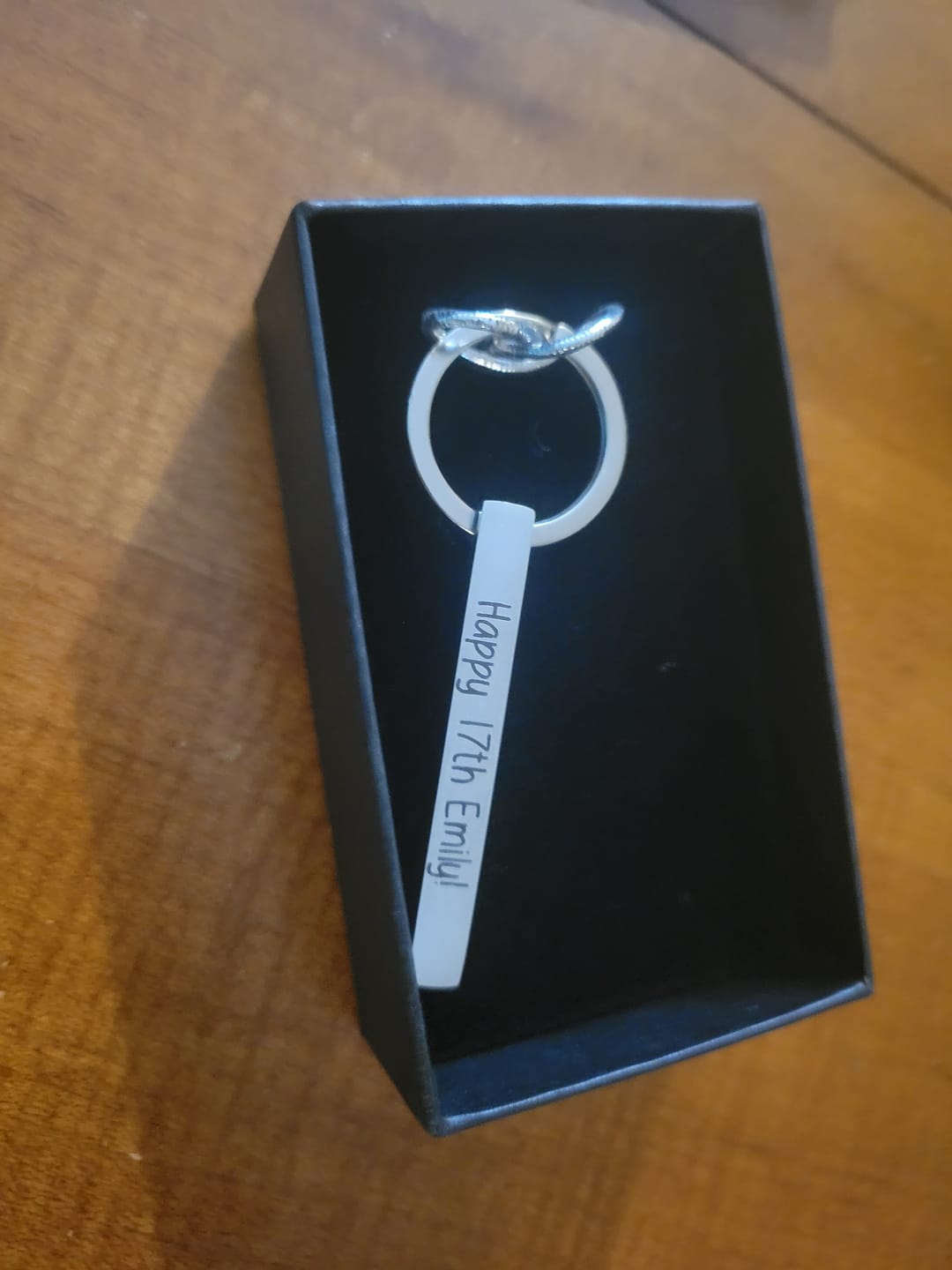 Customer photo review of Personalized 3D Bar Keychain, 4 Sided Metal Key Fob [Large 3D]
