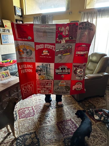 T-shirt quilt featuring ohio state university football team by Therese from AZ