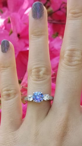Customer photo review of 3-Stone Kaleidoscope Purple Aqua CZ Ring in Sterling Silver