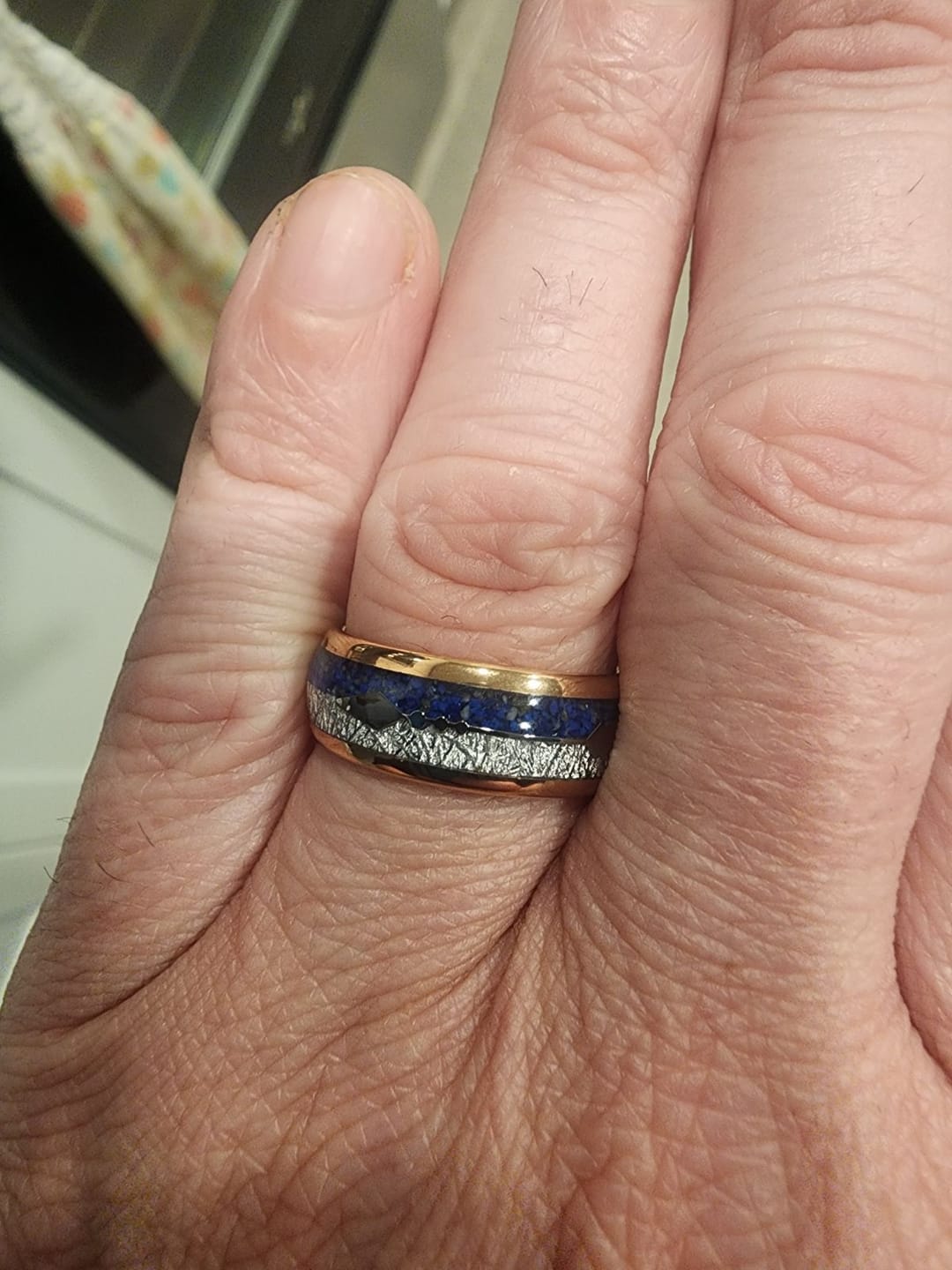 Customer photo review of 8mm- ROSE GOLD TUNGSTEN ARROW RING W/ BLUE LAPIS LAZULI, FAUX METEORITE,