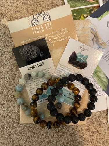 Customer photo review of Calming Anxiety Jewelry Set: Lava Stone, Amazonite and Tiger Eye Bracelet Trio