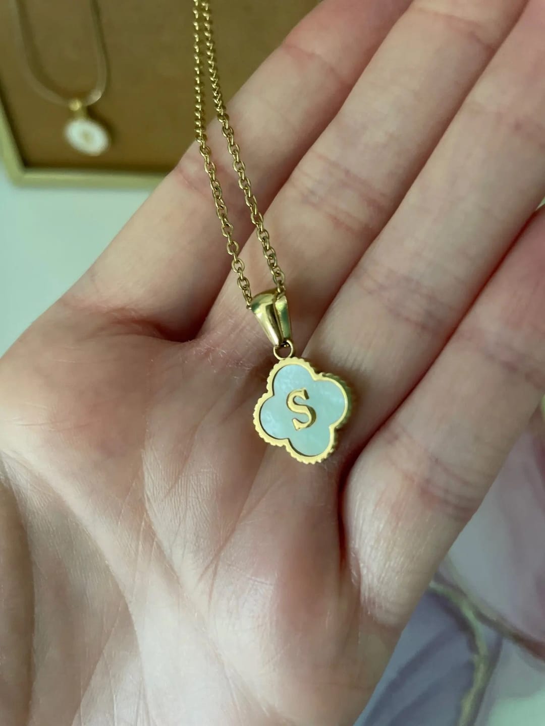 Customer photo review of Clover Initial Necklace