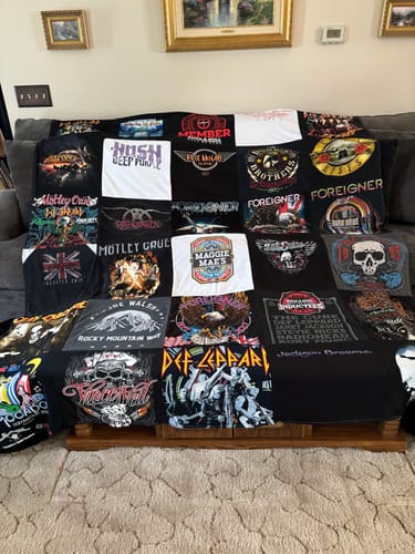 T-shirt quilt with rock music, concerts themes by Jane from OH