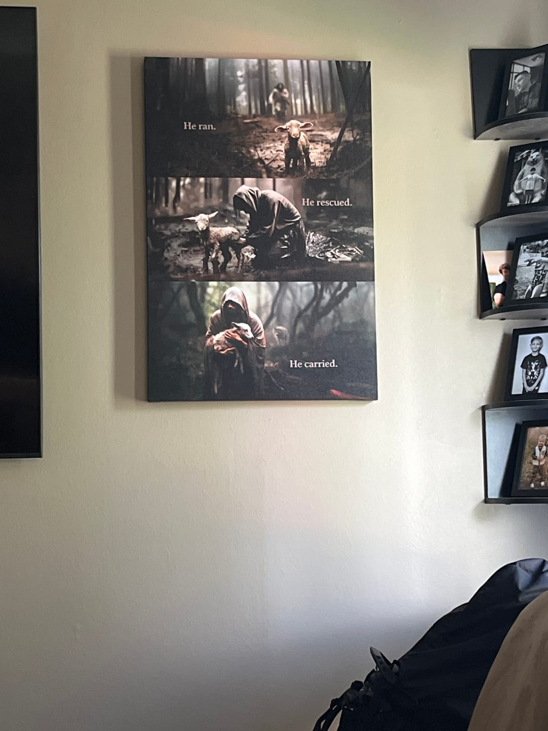 Customer photo review of He Ran, He Rescued, He Carried, Jesus and Lost Sheep, Wall Art Canvas