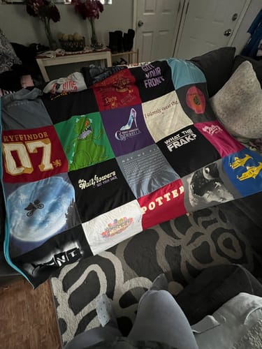 T-shirt quilt with harry potter, music themes by Kayleigh from NJ
