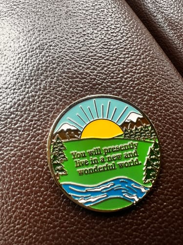 Customer photo review of 30 Days Sobriety Mint Winding River Gold Plated AA Recovery Medallion - 1 Month Chip/Coin