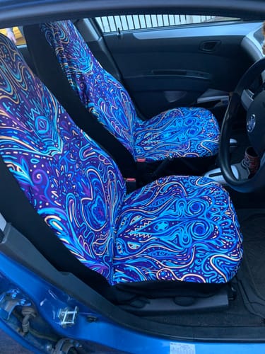 Customer photo review of Trippy Psychedelic Blue Turquoise Car Seat Covers Full Set