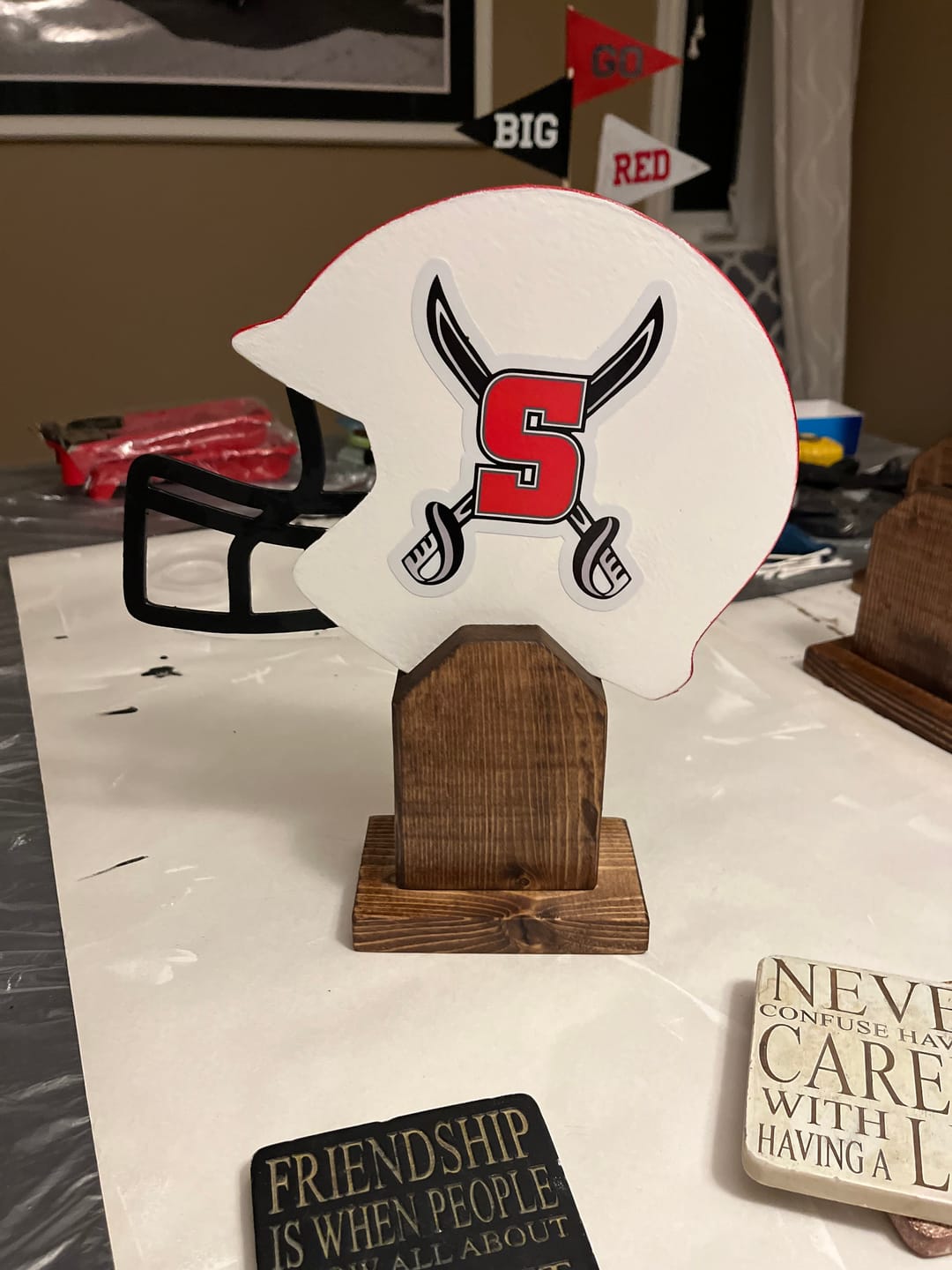 Customer photo review of Unfinished Wood Football Helmet Shape - NFL DIY Helmet - Craft - up to 24"