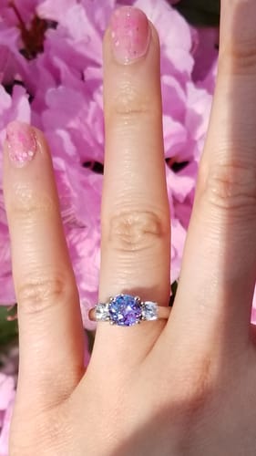 Customer photo review of 3-Stone Kaleidoscope Purple Aqua CZ Ring in Sterling Silver