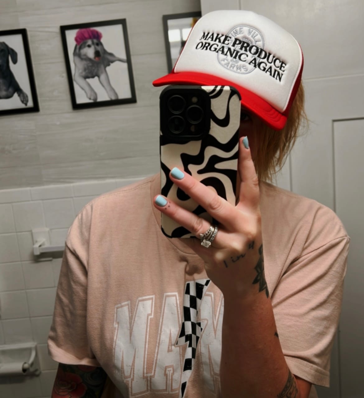 Customer photo review of MAKE PRODUCE ORGANIC AGAIN TRUCKER HAT (RED/WHITE WITH BLACK/CHARCOAL)