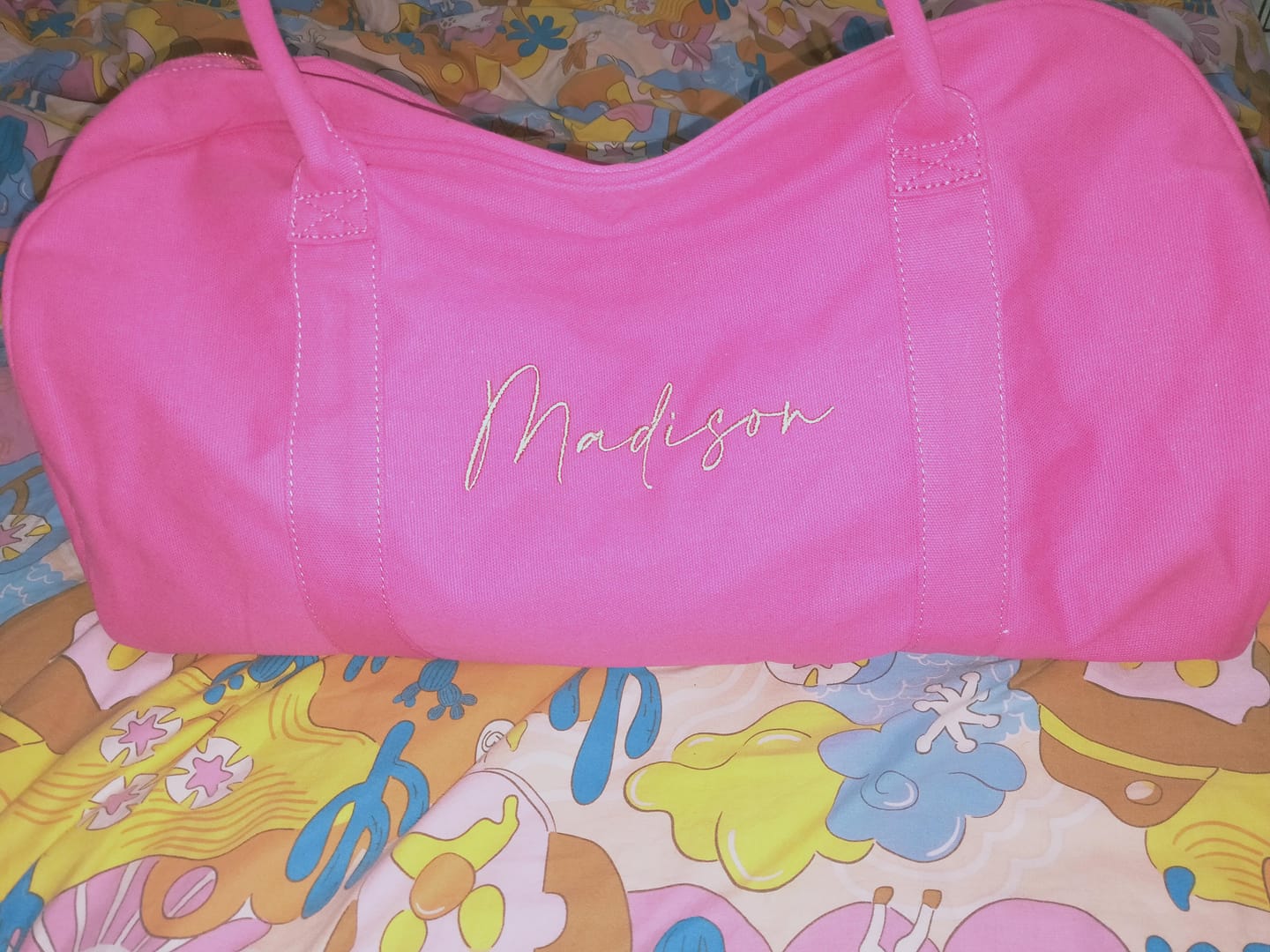 Customer photo review of Raspberry Personalised Duffle Bag